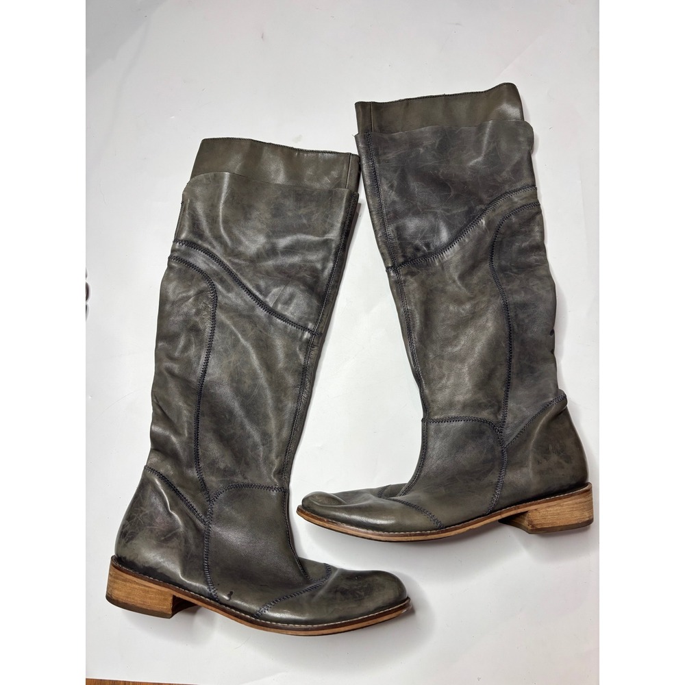 VTG Dusty Blue Leather Tall Patchwork Boots Hippie Boho Festival Women 9 EU 40